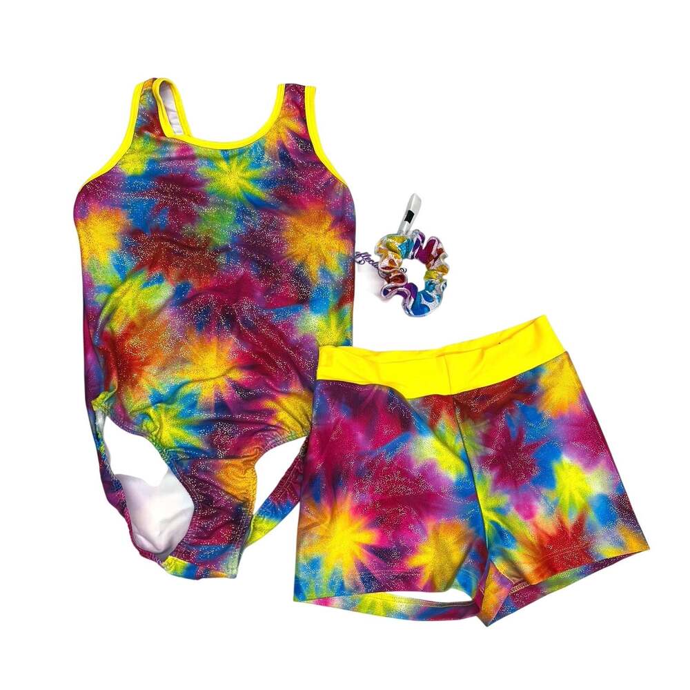 NWT Reflectionz Size 12 Yellow Tie Dye Leotard Set